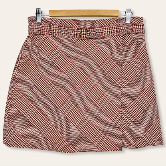 H&M Y2K Burgundy Glen Plaid Faux Wrap Belted Casual Retro Pencil Mini Skirt 10 - Picture 2 of 9